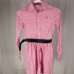 Polo Ralph Lauren Girls Striped Button Front Shirt Dress with Belt, Size 12